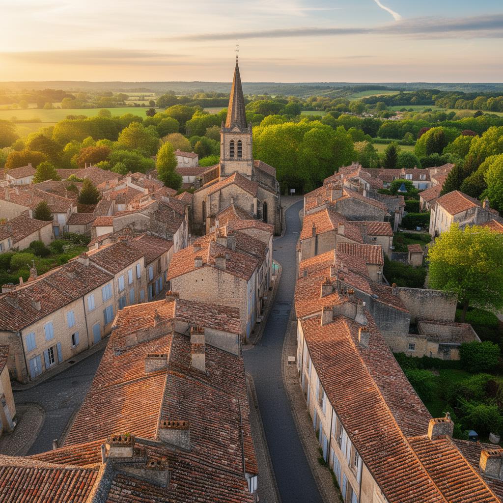 Vue aérienne d'une ville française avec toits en tuile et clocher